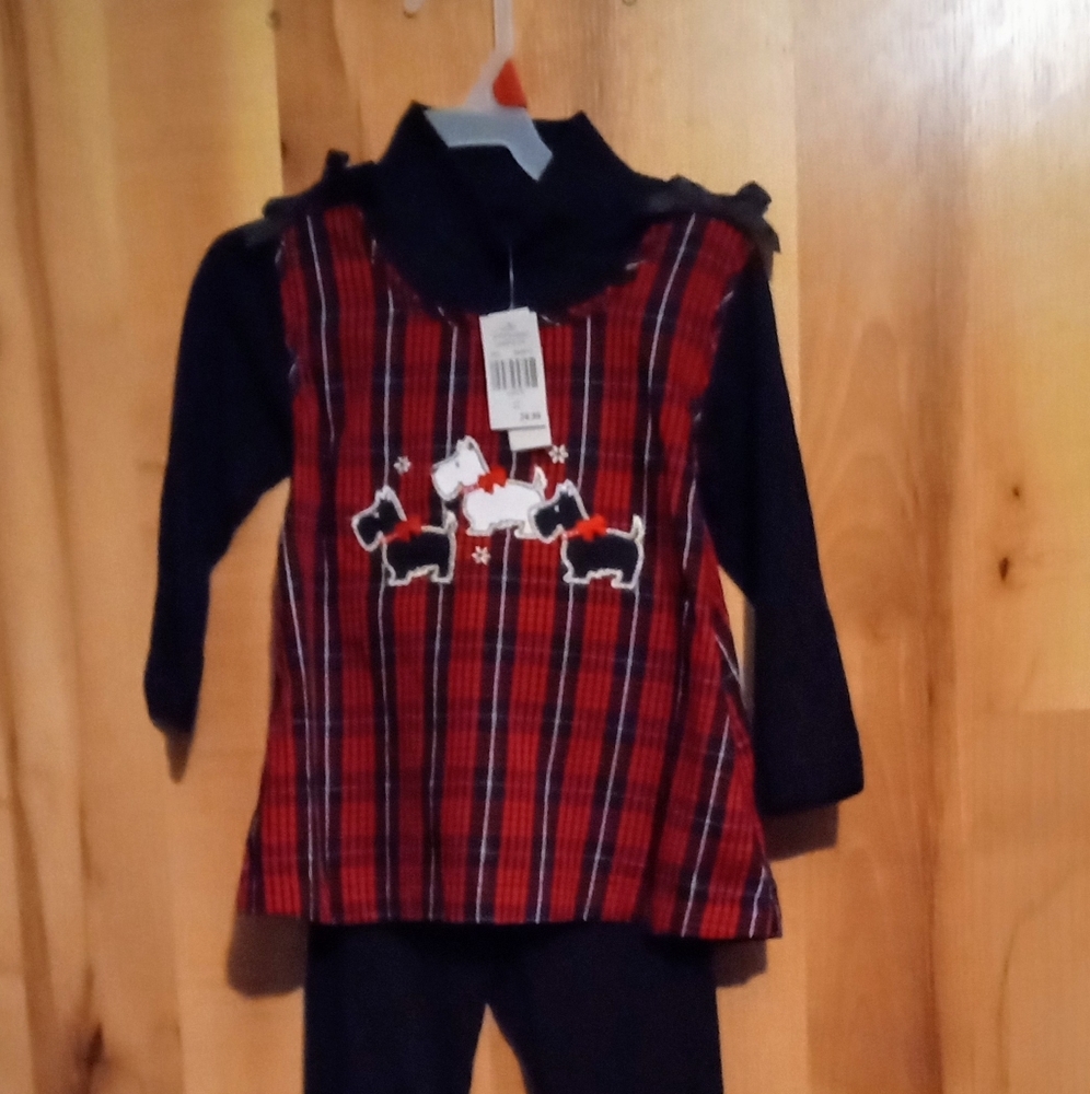 Toffee Apple 2T Girls Two Piece Legging Set Long Sleeves Scotties Plaid Blk/Red